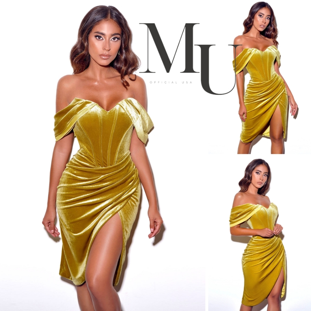 💛Omaria Gold Velvet Off Shoulder Corset Dress